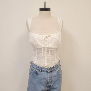 reformation white lace mesh polkadot corset bustier top with tie
